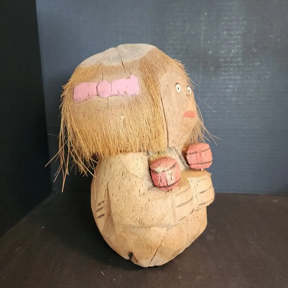 Vintage Carved Coconut, Figure Holding Maracas, Folk Art, Tiki Bar